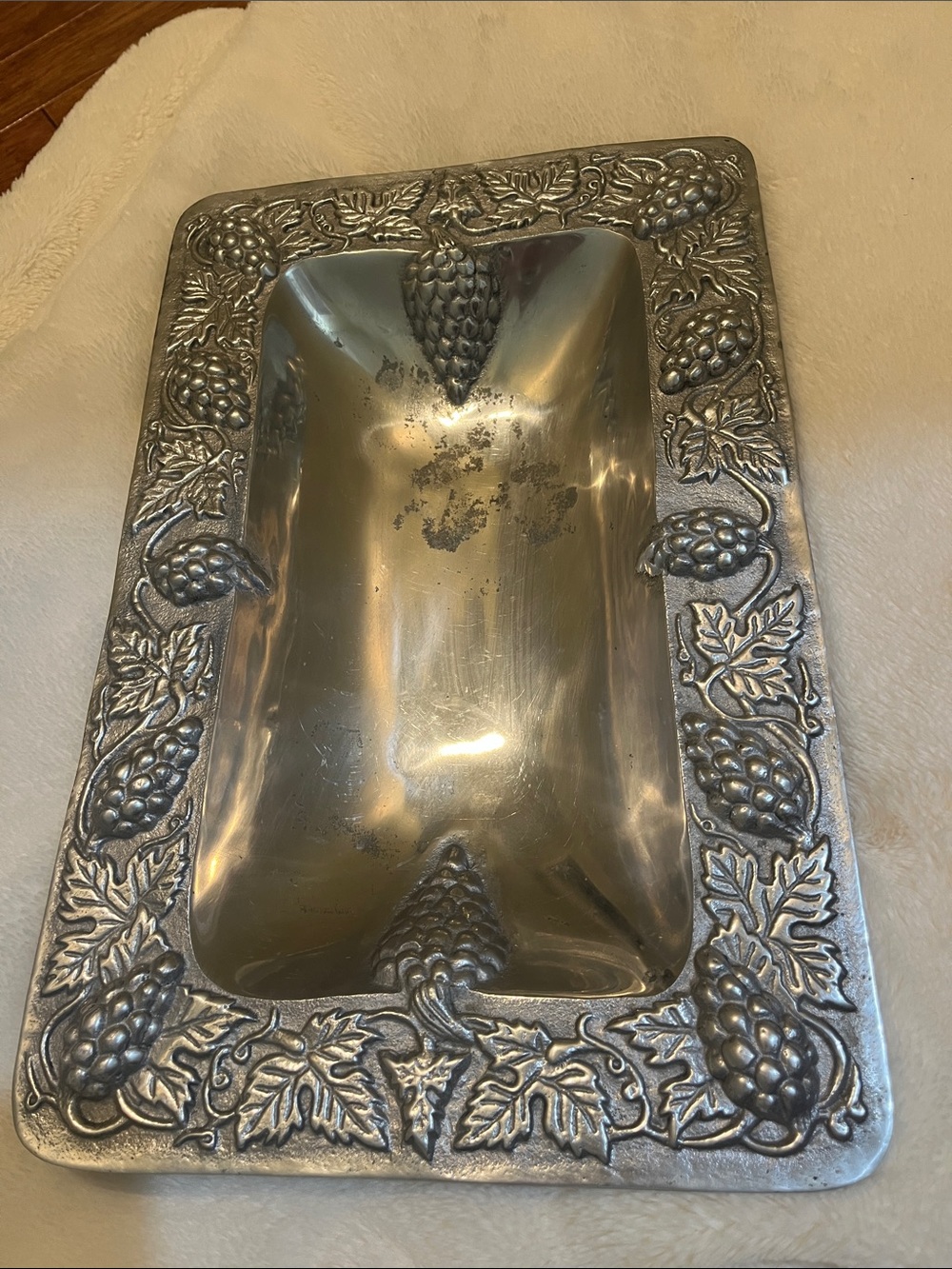 Ornate Grape-Leaf Decorative Serving Bowl - Silver Tone